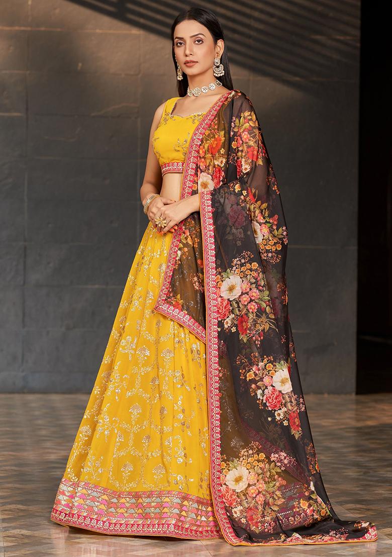 Yellow Sequin Embroidered Georgette Lehenga Set