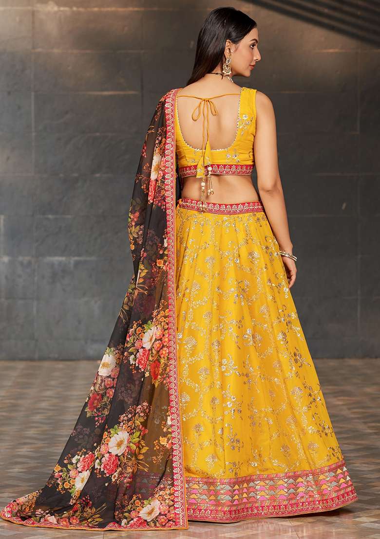Yellow Sequin Embroidered Georgette Lehenga Set for Diwali and Festive Wear - Indya