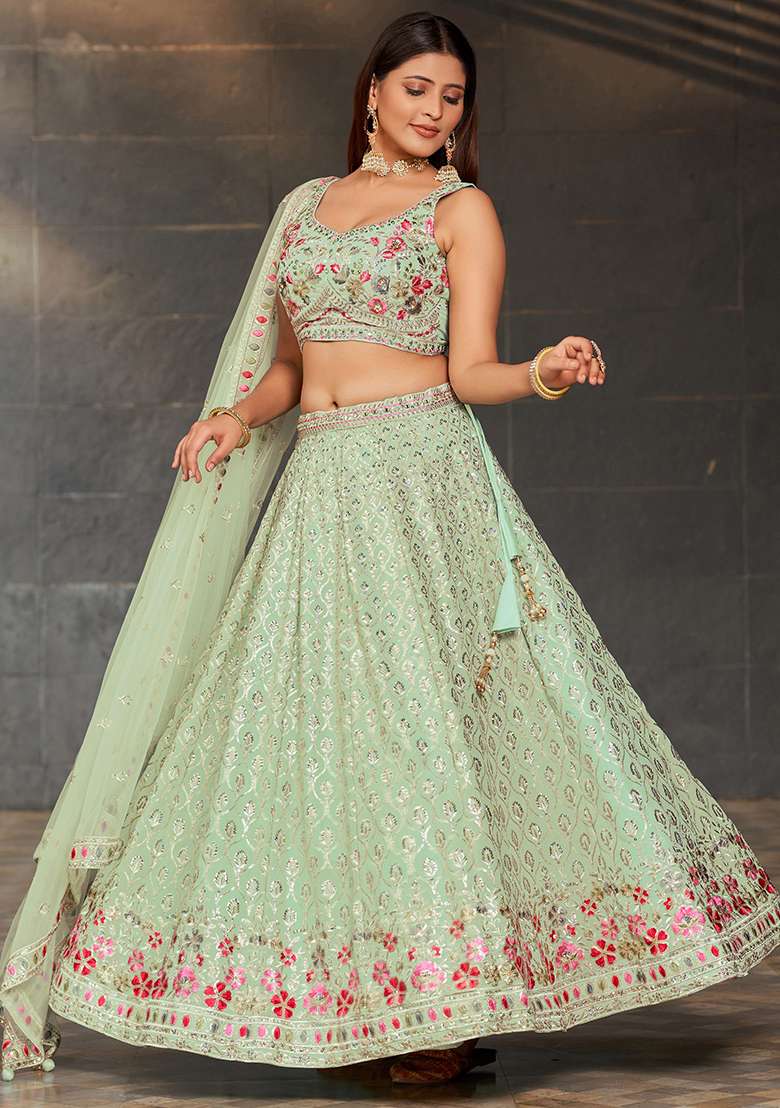 Sky Blue Georgette Lehenga Set with Embroidered & Sequin for Diwali | Wedding & Festive Wear - Indya