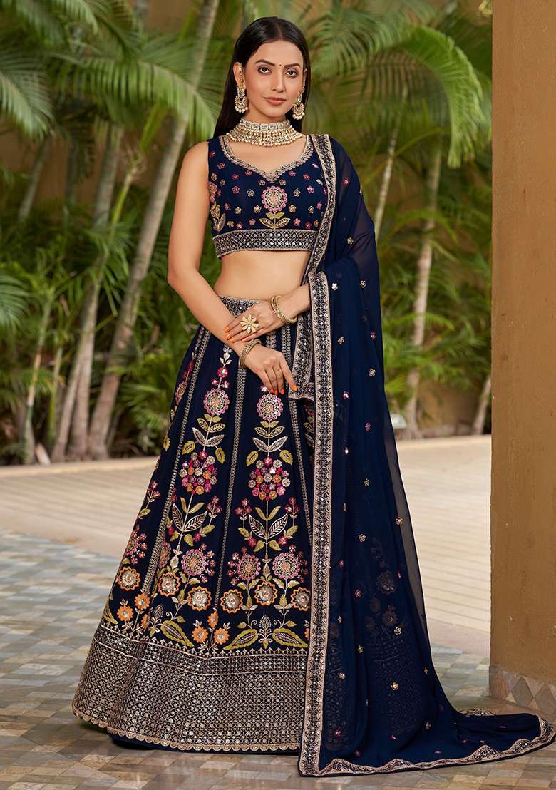 Navy Blue Embroidered Georgette Lehenga Set for Diwali and Festive Wear - Indya
