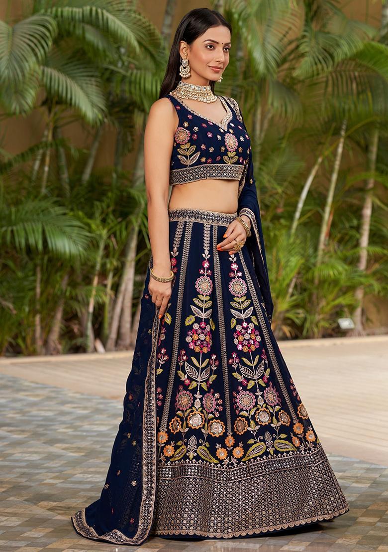 Navy Blue Embroidered Georgette Lehenga Set