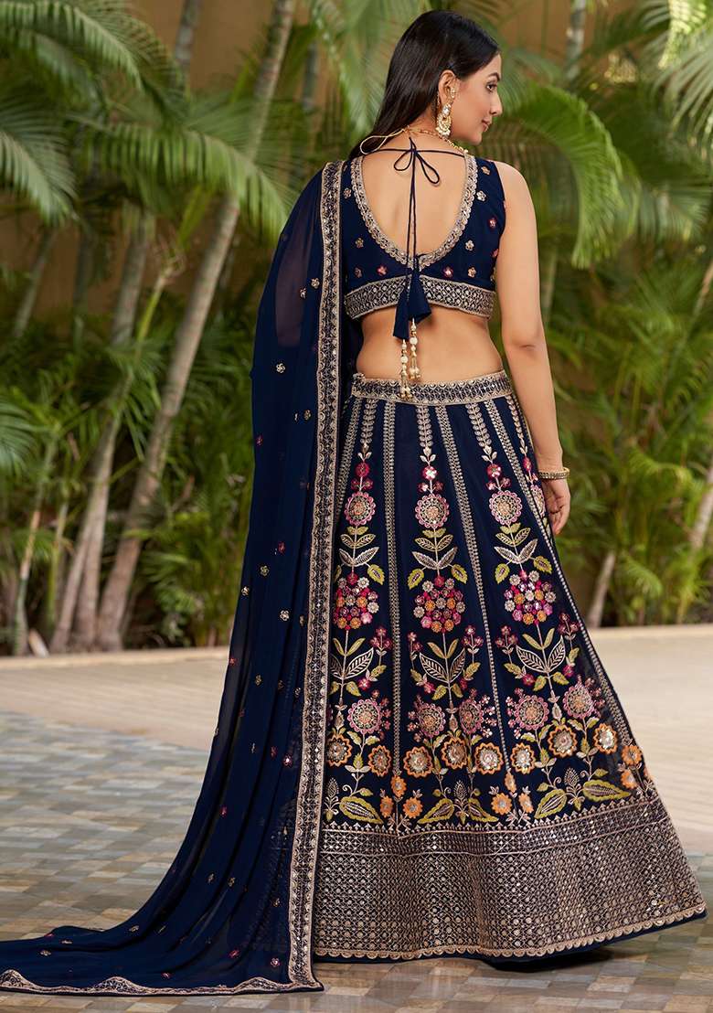 Navy Blue Embroidered Georgette Lehenga Set for Diwali and Festive Wear - Indya