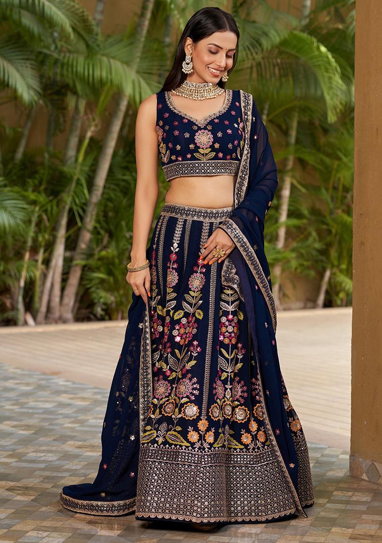 Navy Blue Embroidered Georgette Lehenga Set