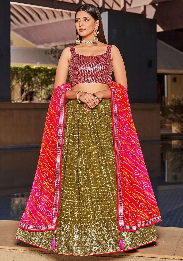 Green Georgette Lehenga Set with Embroidered & Sequin for Diwali | Wedding & Festive Wear - Indya