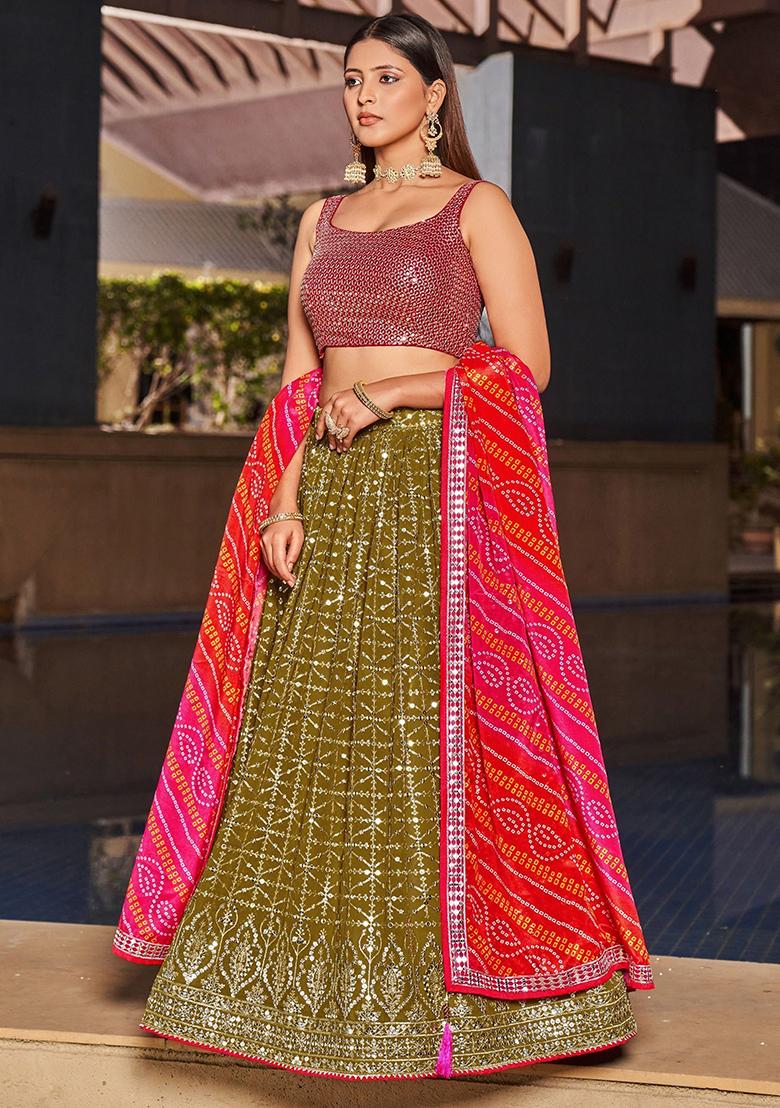 Green Sequin Embroidered Georgette Lehenga Set