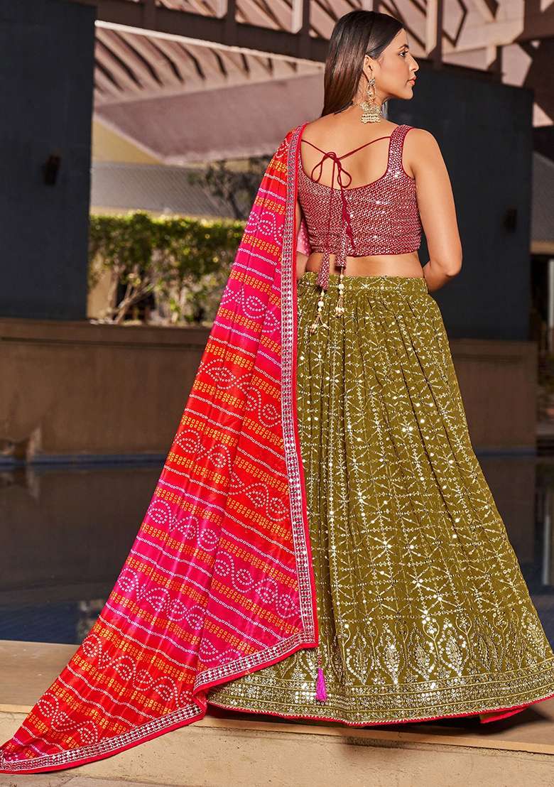 Green Georgette Lehenga Set with Embroidered & Sequin for Diwali | Wedding & Festive Wear - Indya