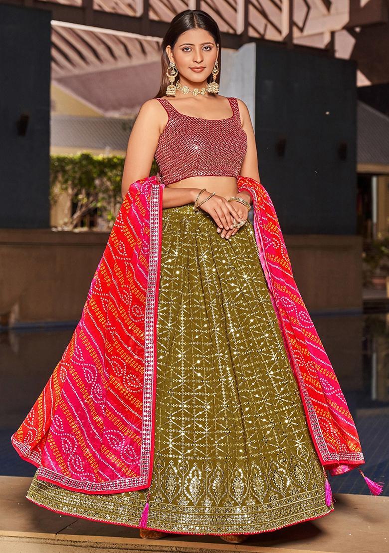 Green Sequin Embroidered Georgette Lehenga Set