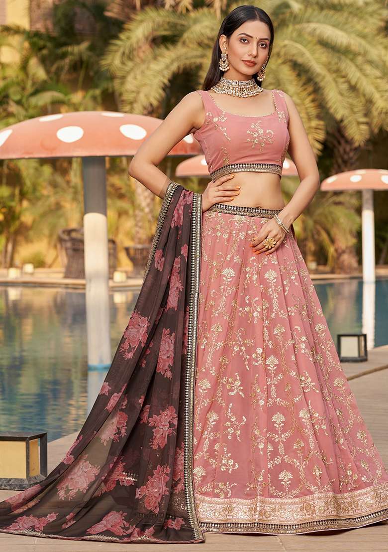 Pink Embroidered Georgette Lehenga Set for Diwali and Festive Wear - Indya