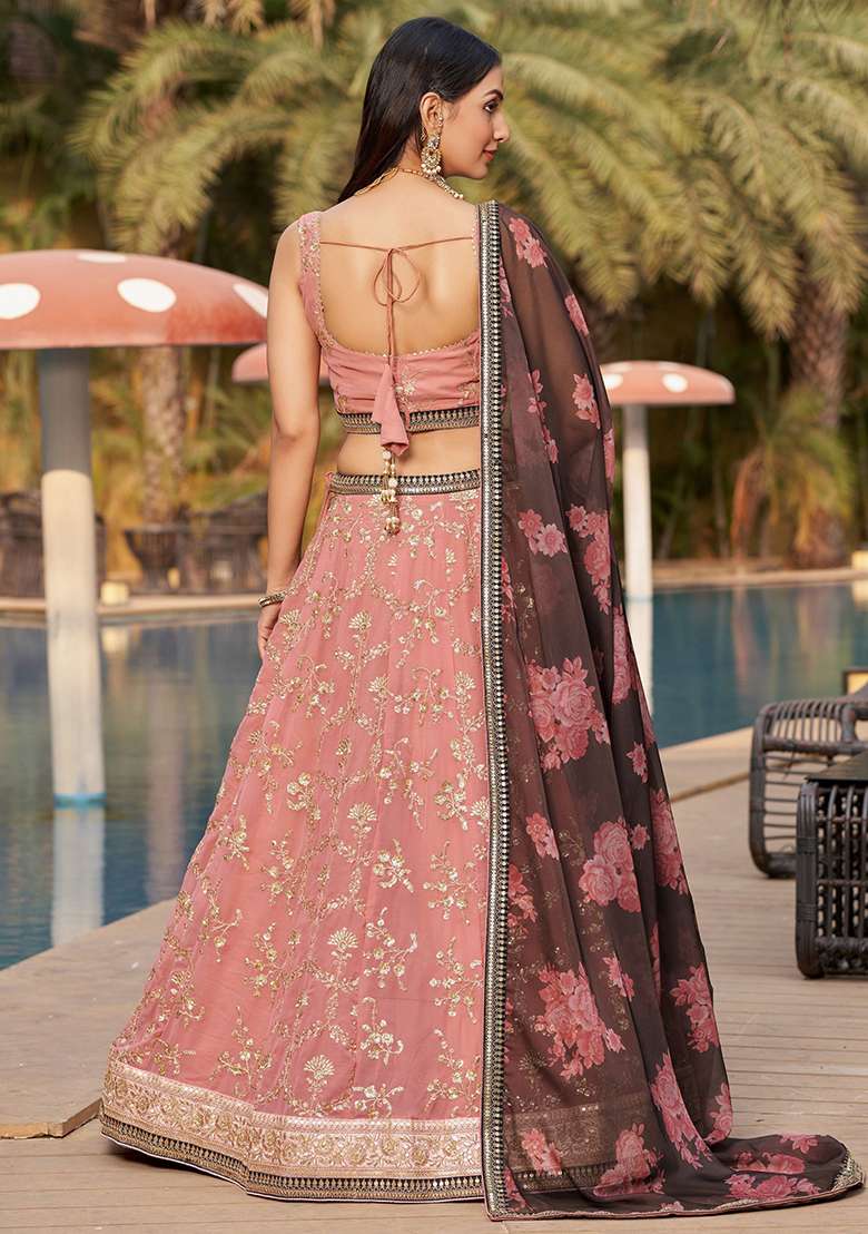 Pink Embroidered Georgette Lehenga Set for Diwali and Festive Wear - Indya