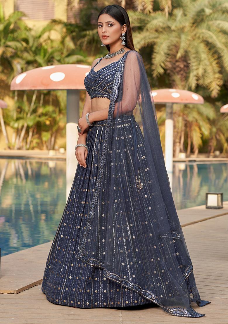Grey Sequin Embroidered Georgette Lehenga Set