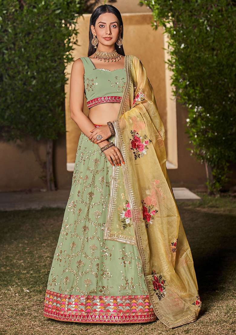 Green Sequin Embroidered Georgette Lehenga Set for Diwali and Festive Wear - Indya