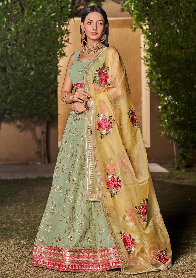 Green Sequin Embroidered Georgette Lehenga Set