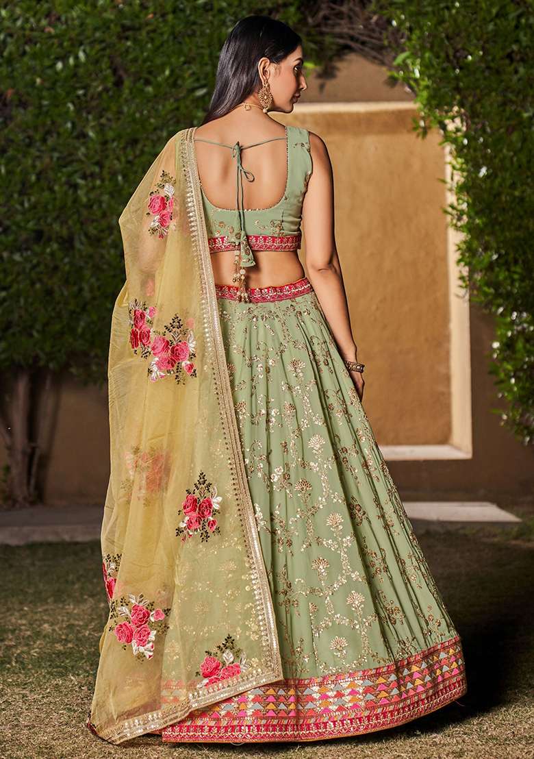 Green Sequin Embroidered Georgette Lehenga Set for Diwali and Festive Wear - Indya
