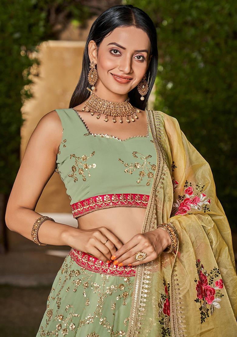 Green Sequin Embroidered Georgette Lehenga Set