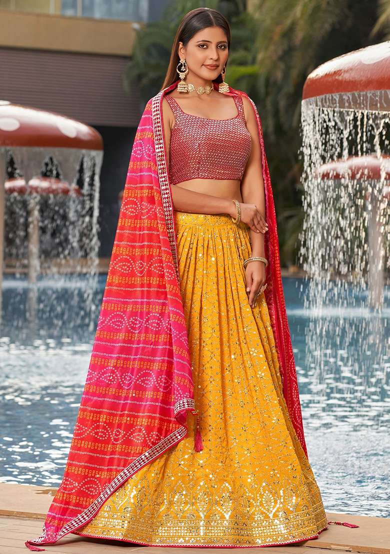 Yellow Georgette Lehenga Set with Embroidered & Sequin for Diwali | Wedding & Festive Wear - Indya