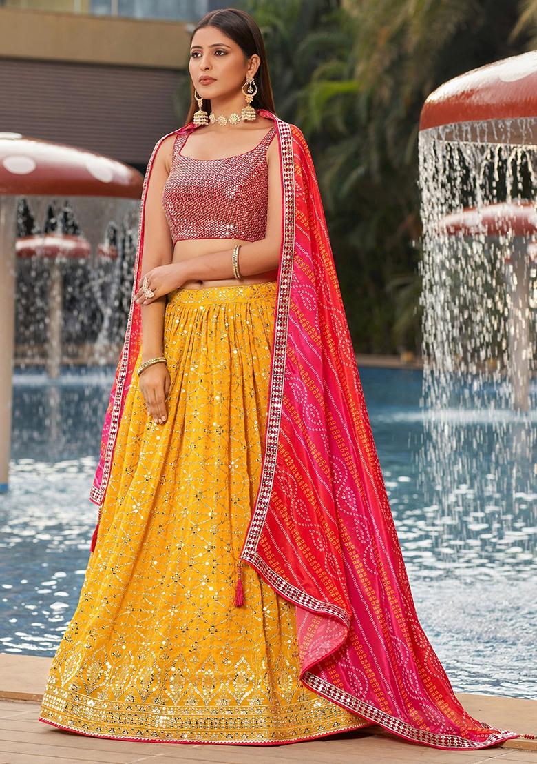 Yellow Sequin Embroidered Georgette Lehenga Set