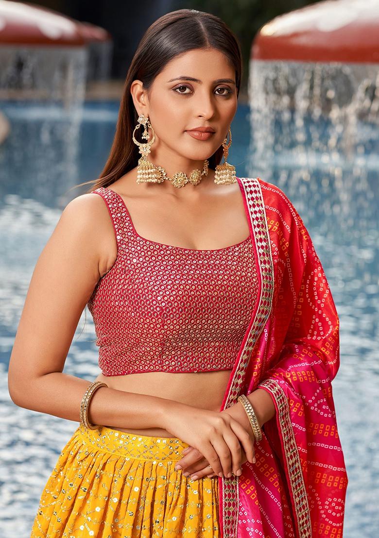 Yellow Sequin Embroidered Georgette Lehenga Set