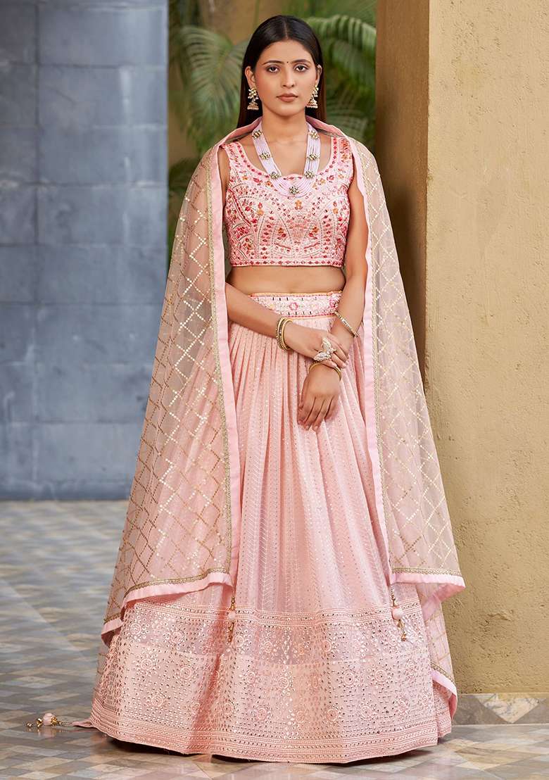 Pink Blend Art Silk Lehenga Set with Embroidered & Sequin for Diwali | Wedding & Festive Wear - Indya