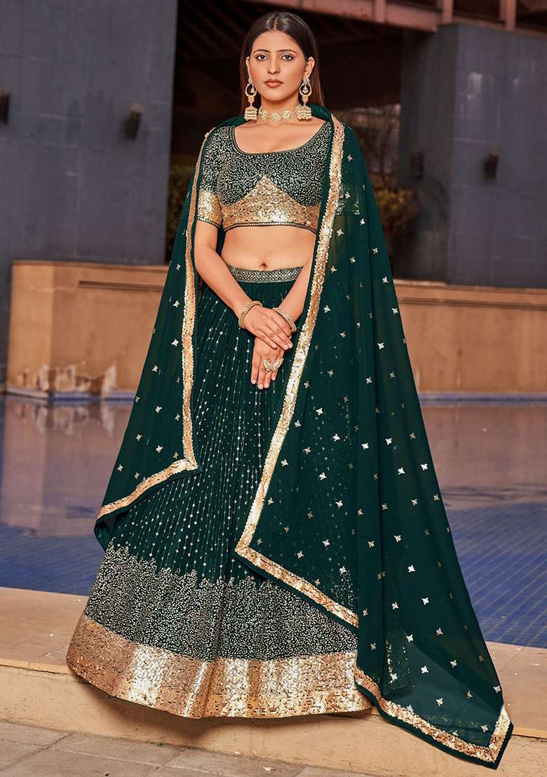 Green Sequin Embroidered Georgette Lehenga Set for Diwali and Festive Wear - Indya