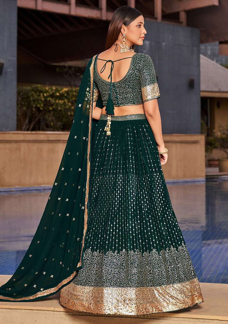 Green Sequin Embroidered Georgette Lehenga Set for Diwali and Festive Wear - Indya