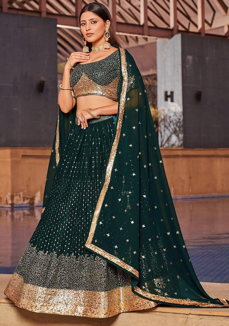 Green Sequin Embroidered Georgette Lehenga Set