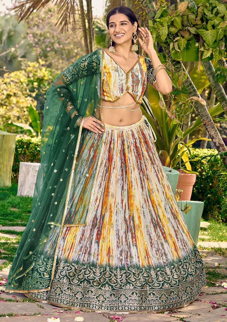 White Chinon Lehenga Set with Printed for Diwali | Wedding & Festive Wear - Indya
