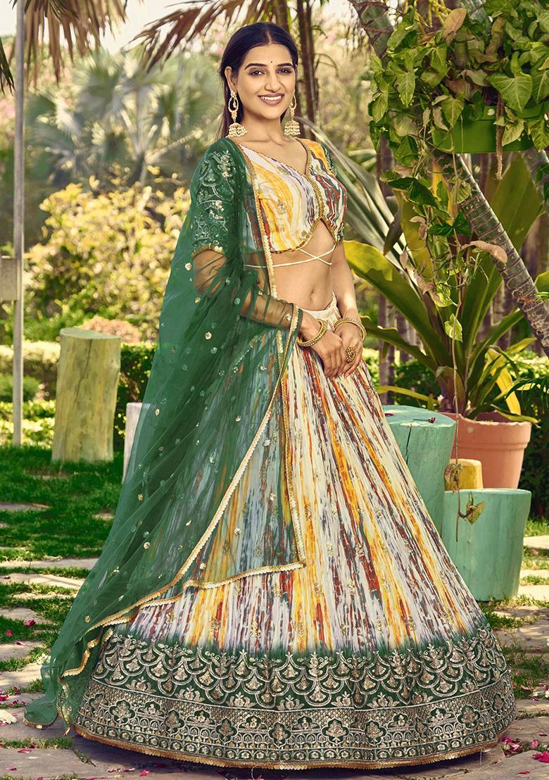 White Printed Chinon Lehenga Set