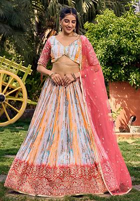White Printed Chinon Lehenga Set