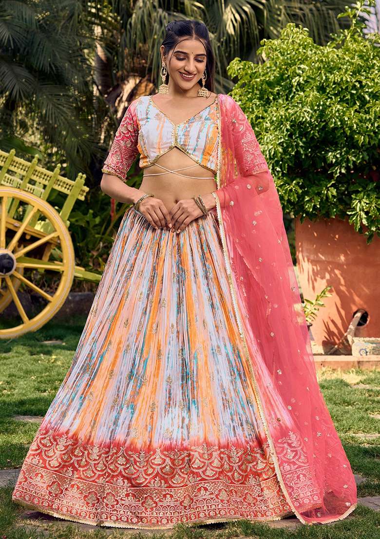 White Printed Chinon Lehenga Set for Diwali and Festive Wear - Indya
