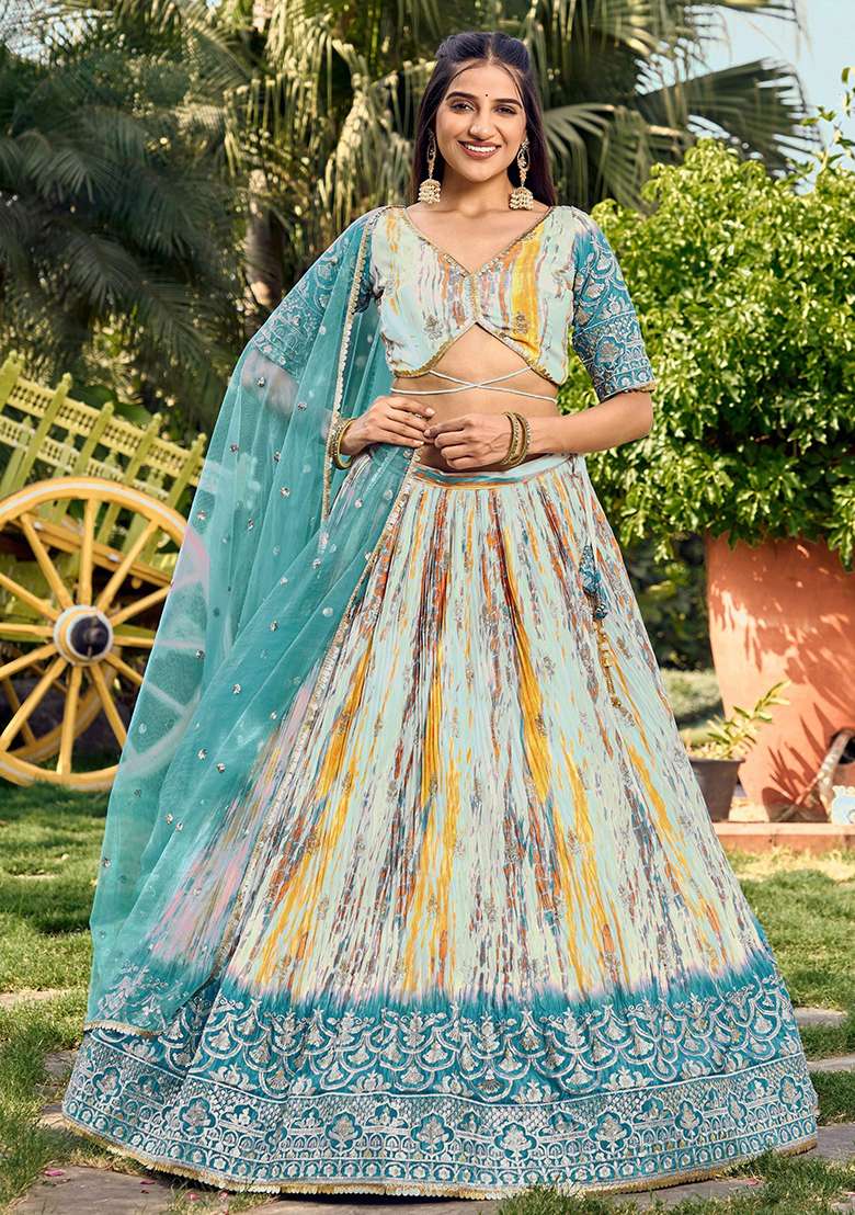 White Printed Chinon Lehenga Set for Diwali and Festive Wear - Indya