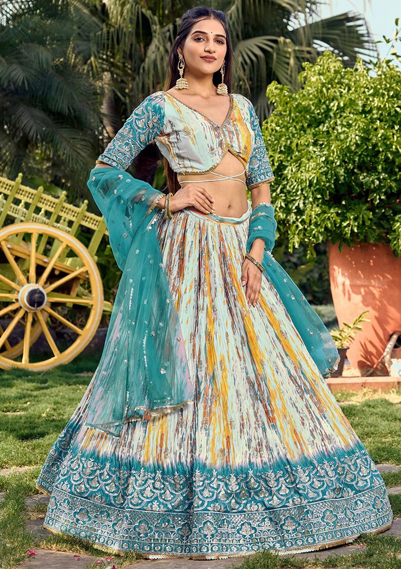 White Printed Chinon Lehenga Set