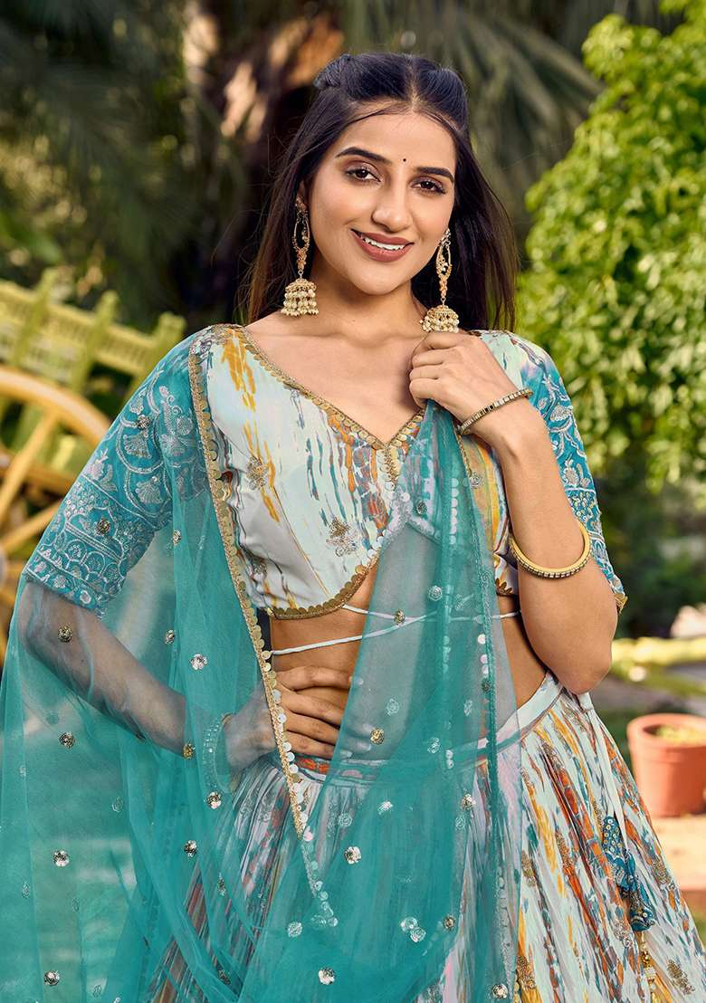 White Printed Chinon Lehenga Set for Diwali and Festive Wear - Indya