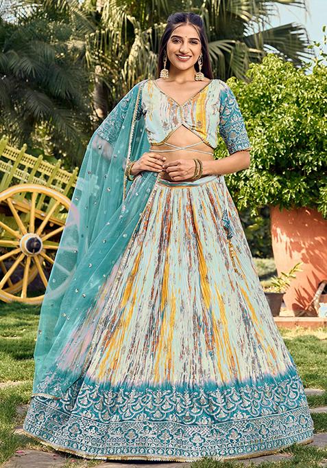 White Printed Chinon Lehenga Set