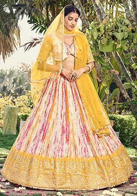 White Printed Chinon Lehenga Set