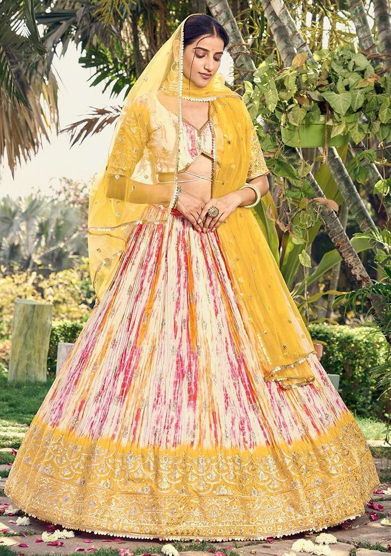 White Chinon Lehenga Set with Printed for Diwali | Wedding & Festive Wear - Indya