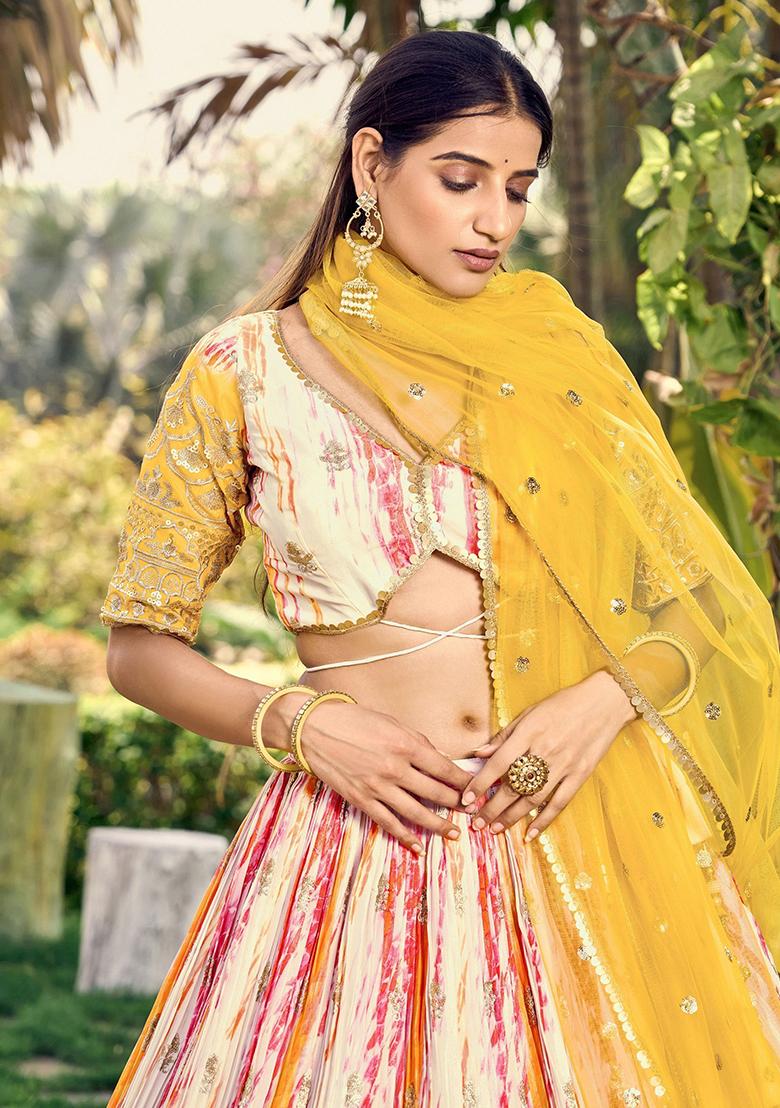 White Printed Chinon Lehenga Set