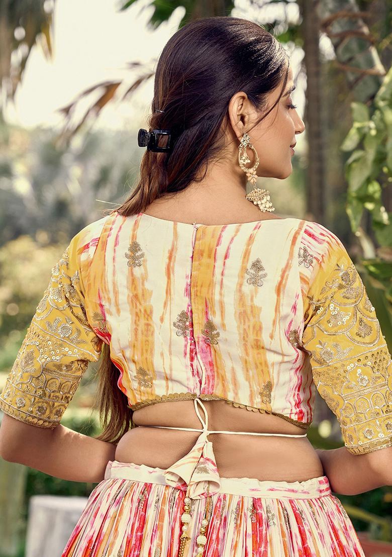 White Printed Chinon Lehenga Set