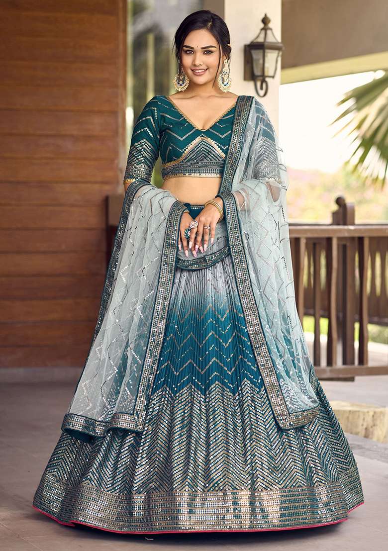 Blue Chinon Lehenga Set with Embroidered & Sequin for Diwali | Wedding & Festive Wear - Indya