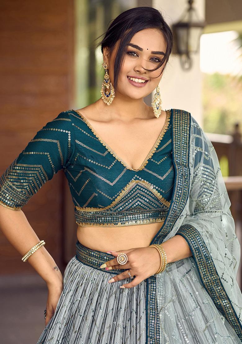 Blue Sequin Embroidered Chinon Lehenga Set