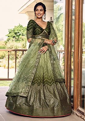 Green Sequin Embroidered Chinon Lehenga Set