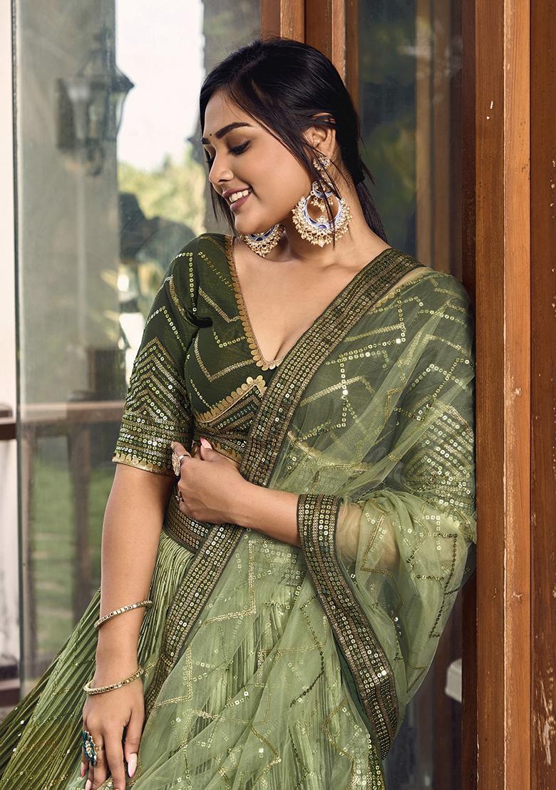 Green Sequin Embroidered Chinon Lehenga Set