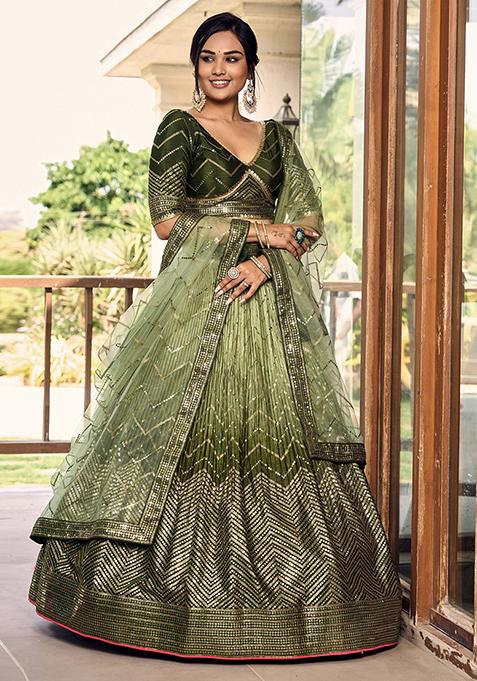 Green Sequin Embroidered Chinon Lehenga Set