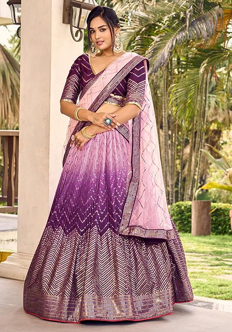 Purple Sequin Embroidered Chinon Lehenga Set