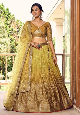 Yellow Sequin Embroidered Chinon Lehenga Set