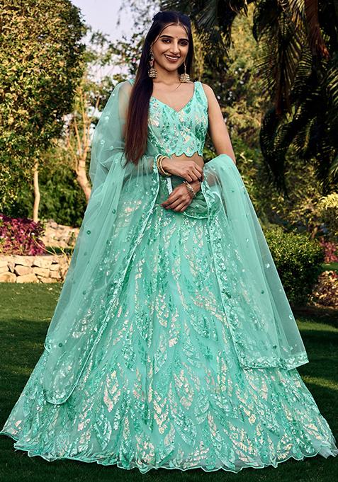 Sky Blue Sequin Embroidered Net Lehenga Set