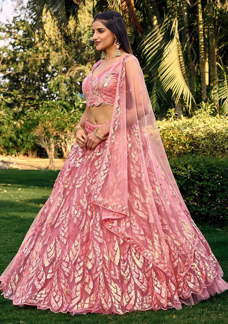 Pink Sequin Embroidered Net Lehenga Set