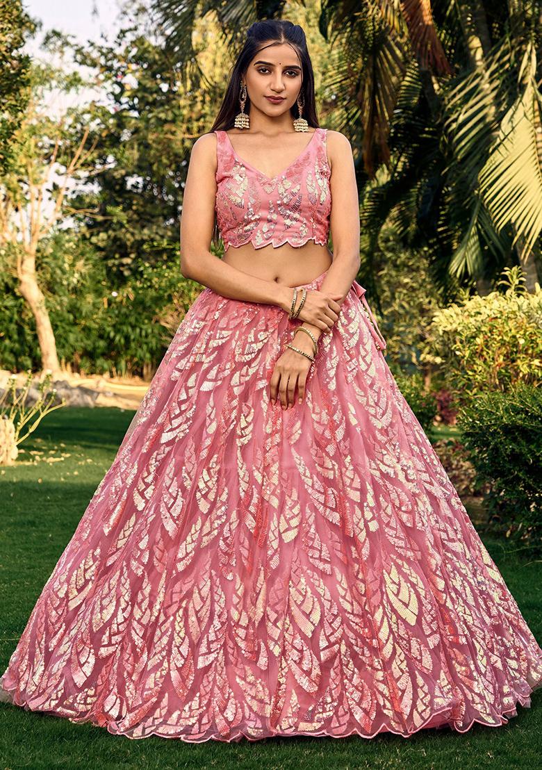 Pink Sequin Embroidered Net Lehenga Set