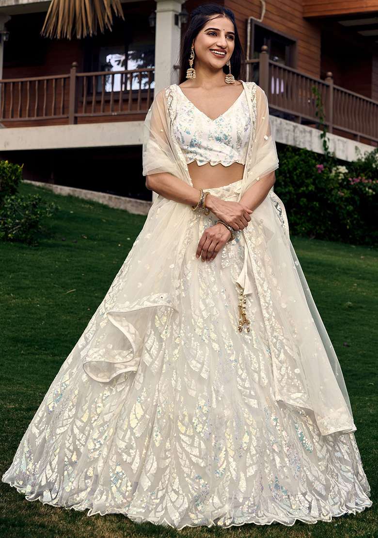 White Net Lehenga Set with Embroidered & Sequin for Diwali | Wedding & Festive Wear - Indya