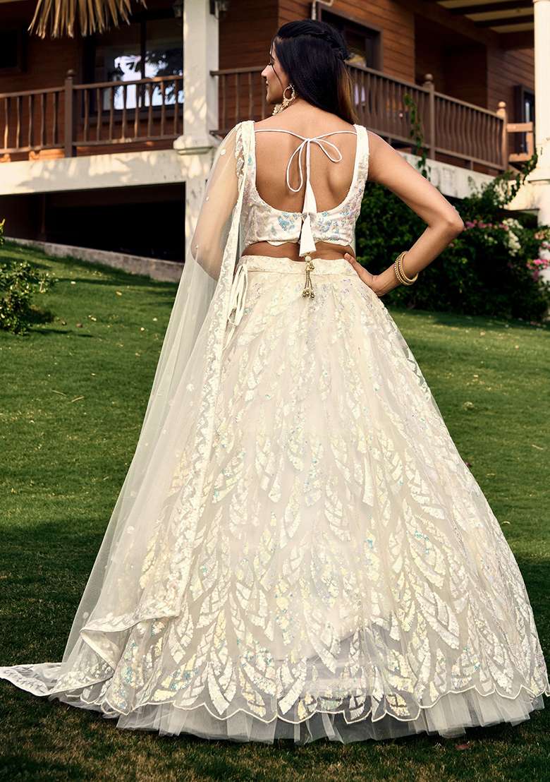 White Net Lehenga Set with Embroidered & Sequin for Diwali | Wedding & Festive Wear - Indya