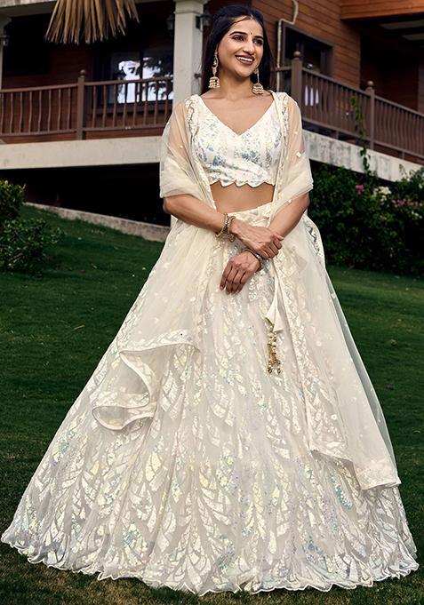 White Sequin Embroidered Net Lehenga Set